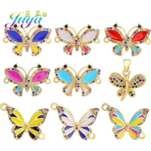 Juya DIY Bracelet Necklace Making Findings Cubic Zirconia Enamel Butterfly Charms Connector For Handmade Charms Jewelry Making