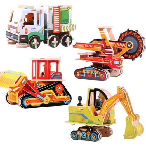 1Set Baby toys Childrens wooden 3D Assembling Car Mining truck Forklift Bulldozer excavator model educational toys for kids