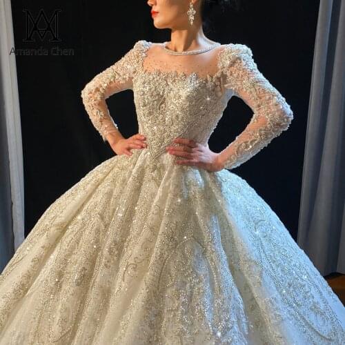 Amanda novias Full Sleeve Lace Appliques Rhinestone Crystal See Through Back Wedding Dress
