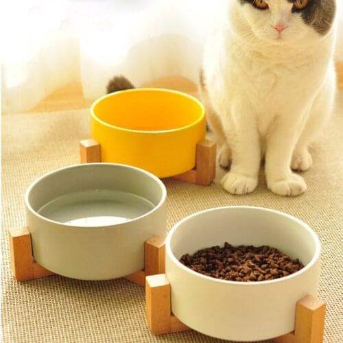 Pet cat bowl small dog cutlery cat rice bowl ceramic cat bowl solid wood frame strong easy to clean three color pet supplies