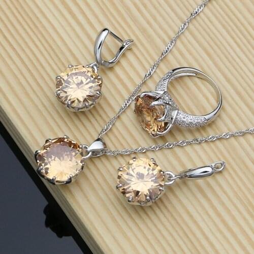 Mystic 925 Sterling Silver Bridal Jewelry Big Champagne AAAA CZ Jewelry Sets For Women Earrings/Pendant/Rings/Necklace Kit