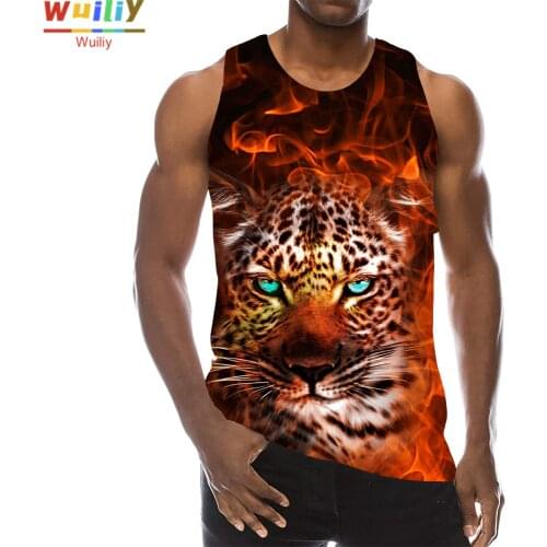 Flame Leopard Graphic Tank Top For Men 3D Print Sleeveless Pattern Top Animal Vest Fire Leopard Painting Tops Hip Hop Top