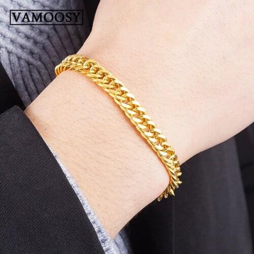 8mm Mens Bracelets 100% 24K Gold Curb Cuban Link Chain Bracelets for Men Wholesale Gold Wrist Bracelet Metal Cuff Fine Bracelet