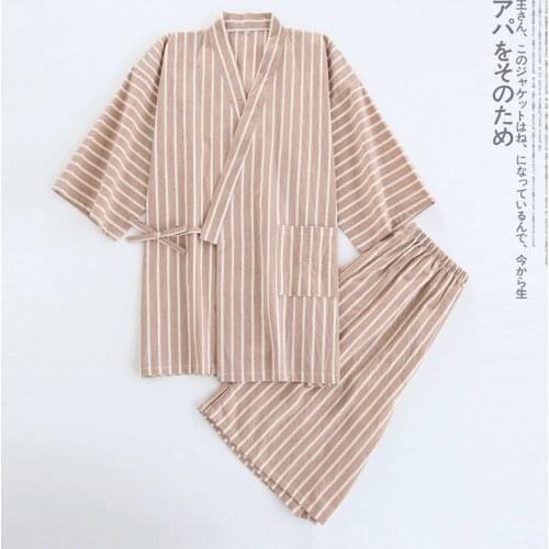 New 100% Cotton Thin Striped Pajamas for Men and Women Kimono Short-sleeved Shorts Pijamas Couple Summer V-Neck Home Clothes