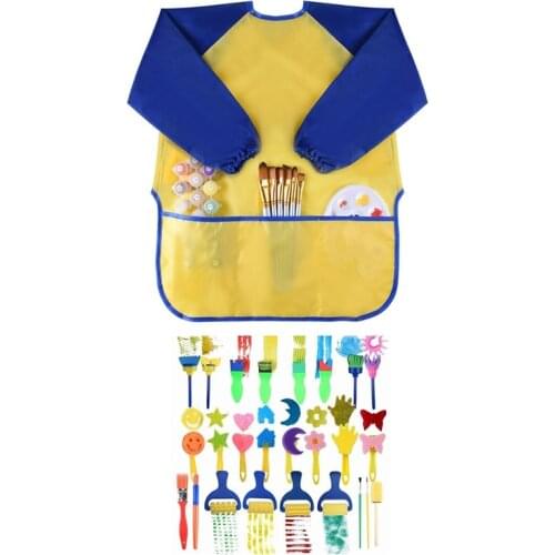 PPYY-26 Pcs Kids Drawing Tools: 25 Pcs Sponge Painting Brushes & 1 Pcs Waterproof Play Apron Art Smock with 3 Roomy Pockets