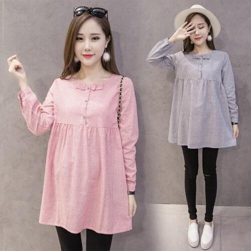 Pregnant womens shirts striped maternity blouse with bow bottom long top for pregnancy maternity clothes woman clothing tops
