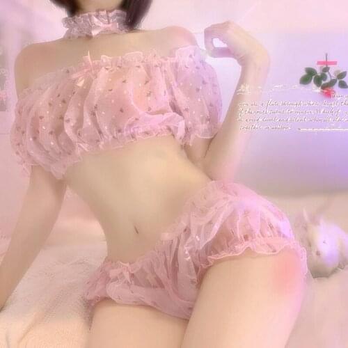 Cute Kawaii Lingerie Perspective Bubble Sleeve Sexy Pajamas Set for Women Bra Tops Pumpkin Shorts Gauze Printed Flower Ruffles