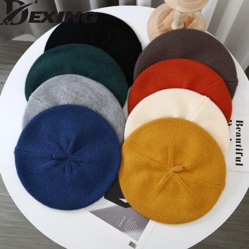 2021 autumn winter knitting beret women solid knit berets Elegant Art Painter hat warm Walking Cap