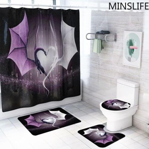 Dragon Couple Shower Curtain Purple Bathroom Curtains Rug Sets Toilet Cover Bath Mat Set Valentines Day Party Decoration