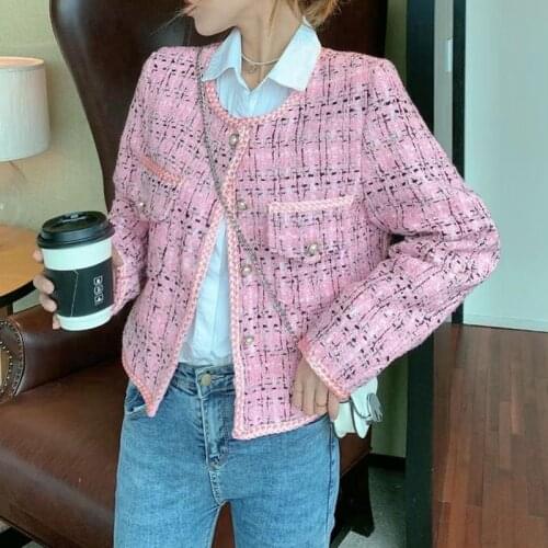 ZAWFL Women 2021 Fashion Pockets Frayed Trims Tweed Jacket Coat Vintage O-Neck Long Sleeve Female Outerwear Chic Tops