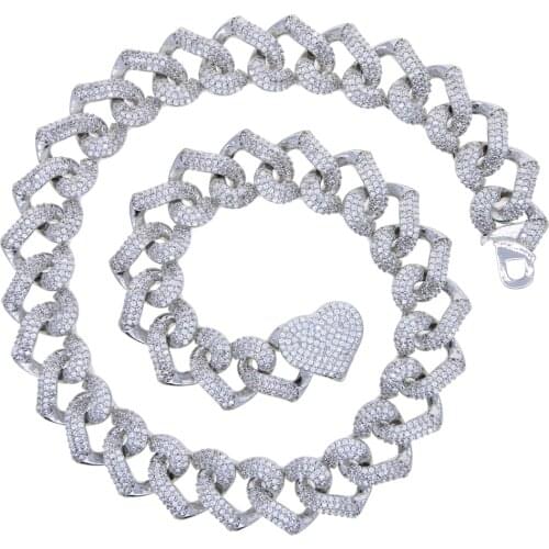 2021 New Iced Out Bling 14mm CZ Heart Lock Cuban Link Chain Necklace With AAA CZ Heart-Shaped Chain Choker Women Hip Hop Jewelry