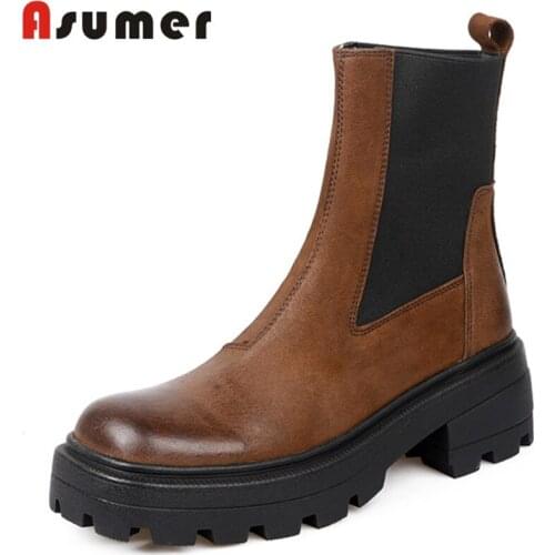Asumer 2022 top quality genuine leather shoes women Chelsea boots square heel comfortable fashion vintage ankle boots woman