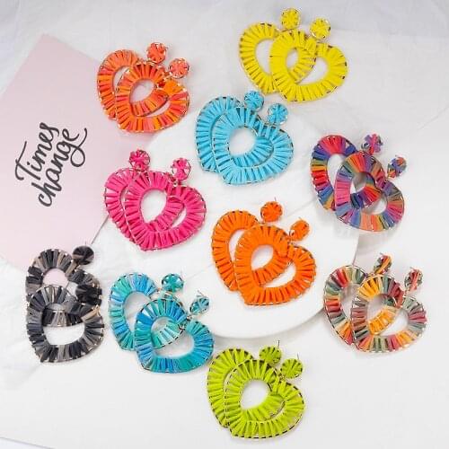 AENSOA Sleeper Earrings Raffia Knit Heart Earrings Rectangle Women Drop Earrings Bohemian Handmade Colorful Dangle Earrings