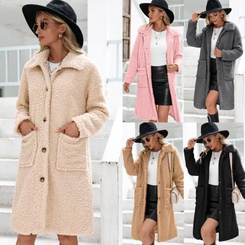 Women fleece wool lamb coat 2021 winter casual turn down collar long sleeve pocket trench coat elegant warm teddy jacket outwear