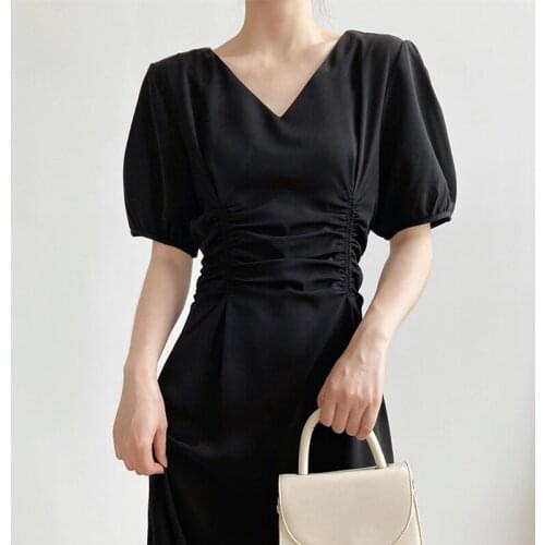 2021 New Summer Elegant Ladies Dress Slim Fit Solid Color Women Dresses V Neck Fashion Casual High Quality Female Dress T328