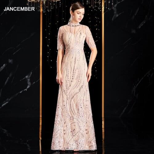 J9023 jancember champagne evening dress high neck half sleeve graduation dresses for toddlers vestidos de gala largos de noche