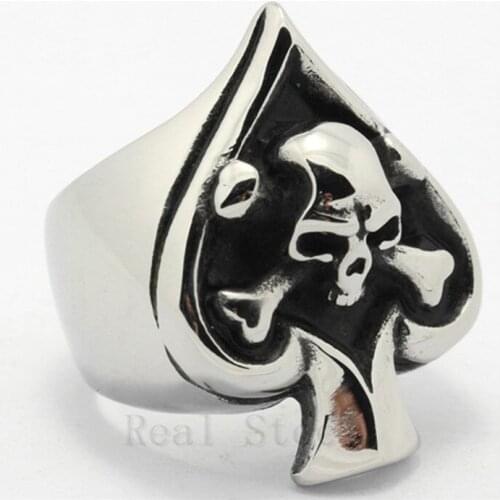 1pc Factory Price 316L Stainless Steel Black Poker Palm-Leaf Fan Cool Skull Biker Sliver Ring