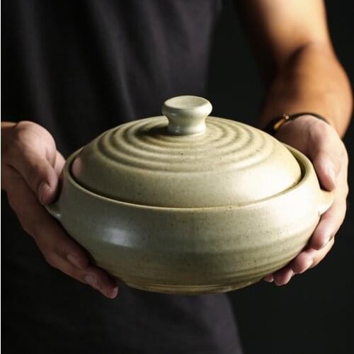 Household ceramic soup pot double ear soup bowl casserole with lid anti-scald soup bowl large noodle bowl with handle CN(Origin)
