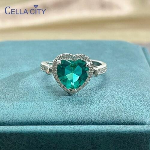 Cellacity Trendy 925 sterling silver ring with heart shape green color gemstones open size wedding party fine jewerly gift