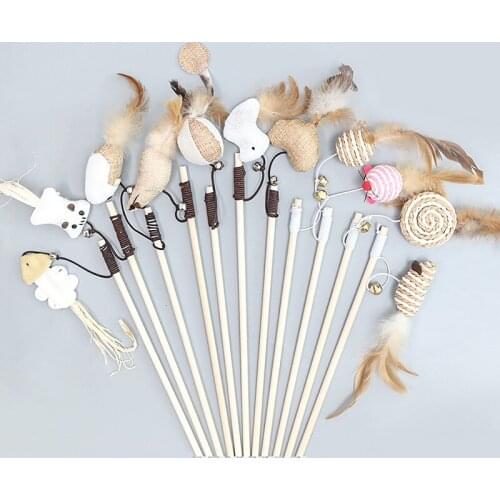 40cm Creative Wood Pet Toys Cat Teaser Rod Interactive Funny Cat Rod Linen Knitted Replacement Head Cat Accessories Pet Supplies