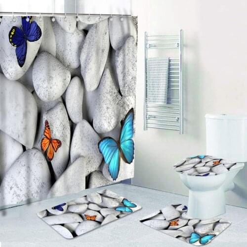 Pebbles Stones and Butterfly Shower Curtains set Waterproof Bathroom Curtain Toilet Cover Mat Non-Slip Rug Set for Bathtub Decor