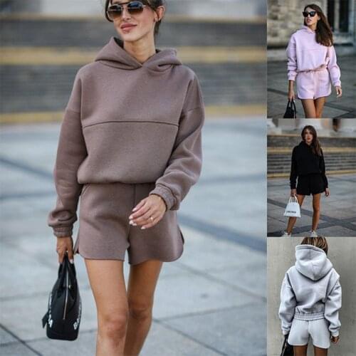 Two Piece Set Womens Hoodie Long Sleeve Solid Pullover Hoodies Ladies Casual Hooded Pullover Clothes Sweatshirts Shorts Hoodie