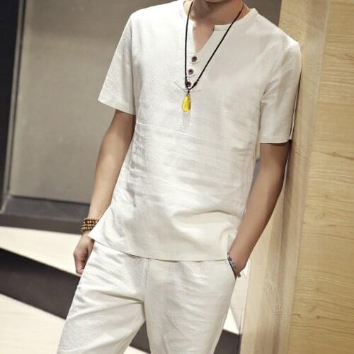 Summer linen short-sleeved T-shirt + shorts two-piece suit mens set comfortable breathable thin cotton and linen casual suit