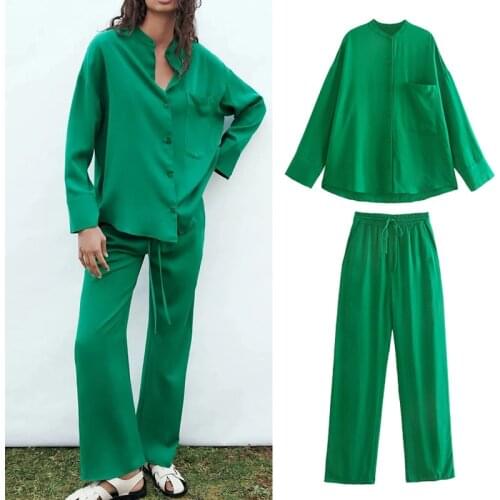 WESAY JESI Za 2021 Womens Green Shirt Set Tracksuit Set Oversized Shirt 2 Pieces Sets Blouse High Waist Elastic Pants Suits
