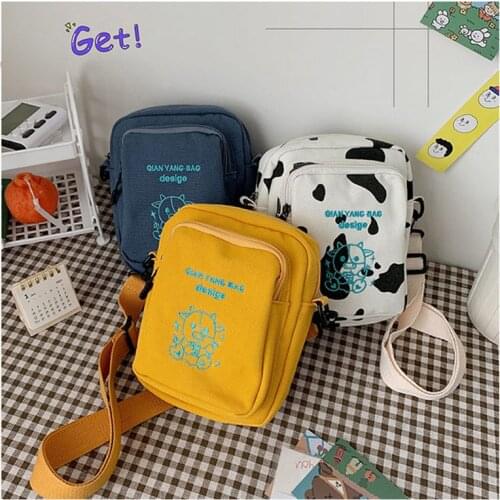Summer New Small Women Bags 2021 Cow Embroidery Canvas Bag Female Casual Cartoon Crossbody Fabric Messenger Bag for Teenager