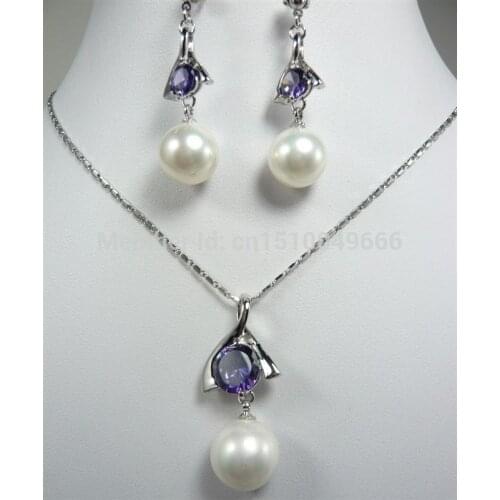 Hot sale silver plate white shell pearl purple crystal pendant necklace earrings sete