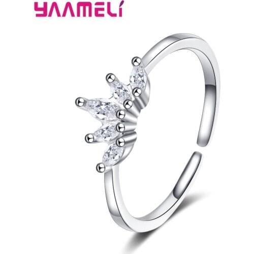 New Fashion 925 Sterling Silver Open Band Ring Clear Austrian Crystal Rhinestone Crown Stackable Bague Jewelry for Female