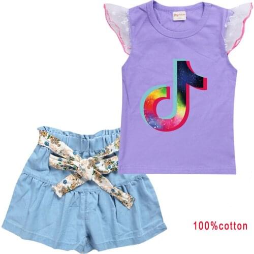TIK TOK Girls wear summer fashion cotton T-shirt flying sleeve vest + jean culottes childrens suit