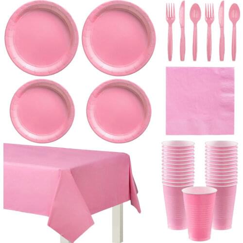 Pure Pink Disposable Plastic Party Tableware Cup Plate Napkin Kids Birthday Party Decor Pink Wedding Theme Party Dinner Supplies