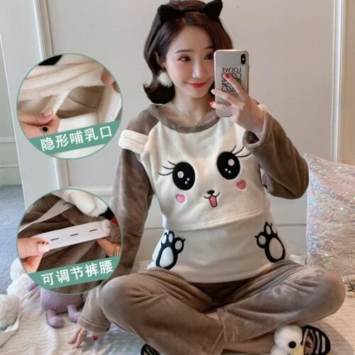 Pregnant Womens Autumn Sleepwear Sets Flannel Velvet Winter Postpartum Mother Nursing Clothes Maternity Tops + Pants Pregnancy