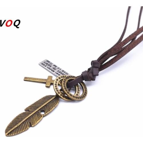VOQ 2017 Fashion Vintage Feather Pendant Necklaces For Women Men Friendship Adjustable Long Leather Rope Chain Necklace Jewelry