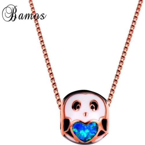 Bamos Round Panda Necklace Blue/White Fire Opal Heart Pendant Necklace For Women Silver Color Fashion Jewelry