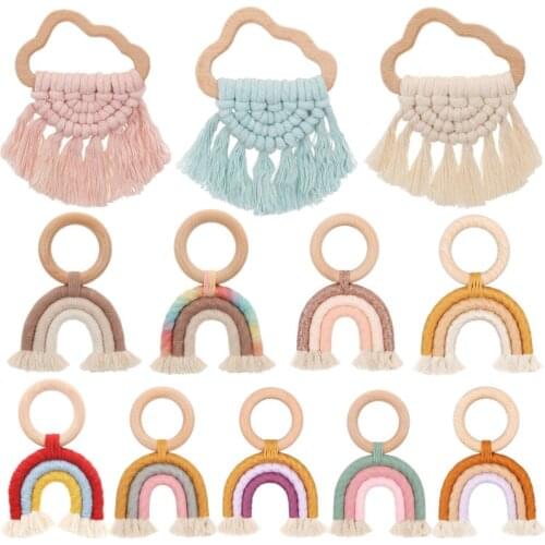Rainbow Tassel Macrame Wooden Baby Teether Wooden Rattle Ring Newborn Nursing Teether Sensory Molar Toy Baby Shower Gifts