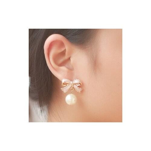 Romantic Pink Bowknot Clip Earrings Womens Fashion Simulated Pearl Earrings Wedding Party Bridal Ear Clip Jewelry Ear Cuff