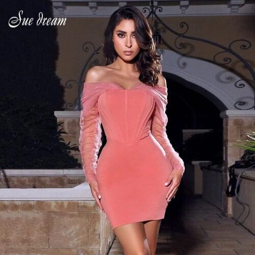 Sexy Off Shoulder Mesh Long Sleeve Bodycon Bandage Dress 2021 New Elegant Pink Club Party Dress Vestido