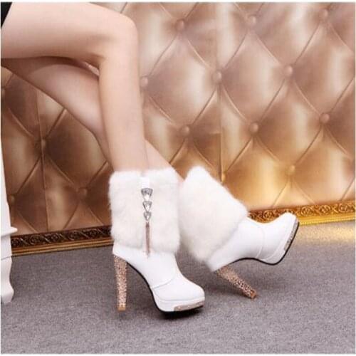Bling High Heels Rabbit Fur Boots Women Luxury Warm Platform Elegant Shoes Crystal Lady Wedding Party High heels shoes