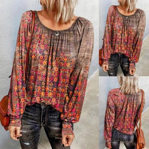 Women Tops Casual Lantern Long Sleeve O-neck Vintage Floral Print Shirts Ladies Thin Flower Retro Tops Gifts For Girls Friend