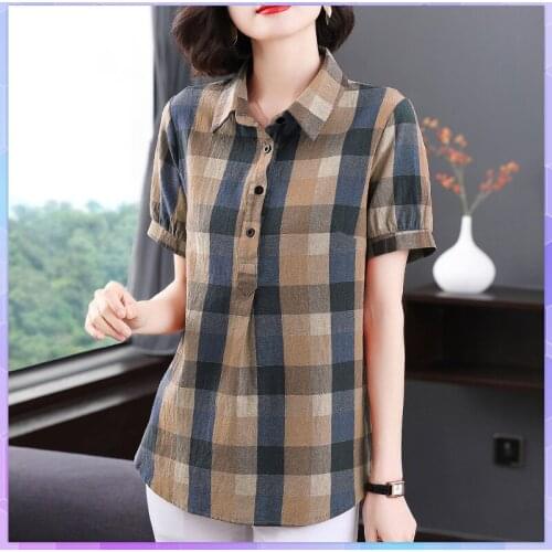 5XL Vintage Plaid Tee Shirt Short-sleeved Oversized T-shirt Ladies Cotton Tops Summer 2021 Large Size Tshirt Femme Thin Top