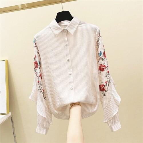 Ruffle Sleeve Shirt Womens Korean Loose Embroidered Shirt Female New Ethnic Style Embroidery Frilled Sleeve Striped Cotton shirt