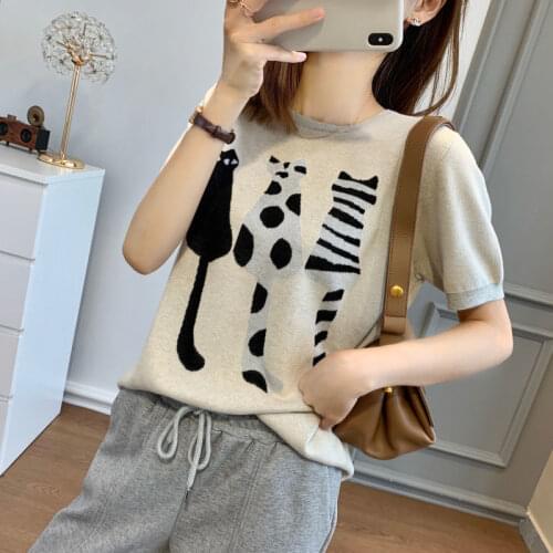 2021 New Jacquard Cat Retro Lazy Loose Knitted Short-sleeved T-shirt Women Harajuku Graphic Tees