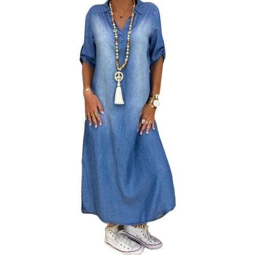 Retro Women Jeans Dress Vintage Summer V Neck Half Sleeve Side Slitting Hem Loose Long Denim Dress Casual Womens Dress M-3XL