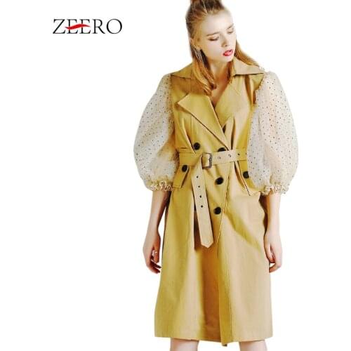 2019 Autumn Patchwork Mesh Windbreaker Lapel Polka Dot Lantern Sleeve Women Trench Coat Lace Up Double Breasted Long Overcoat