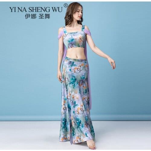 Aldult Oriental Practice Wear Set Printing Performance Dancing Women Bellydance Belly Dance Costume New Top Split Long Skirt Set