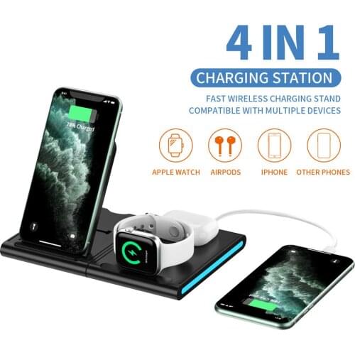 15W Qi Fast Wireless Charger Stand for IPhone 11 XR X 8 Apple Watch Airpods Pro IWatch 4 In 1 Foldable Charging Dock Station