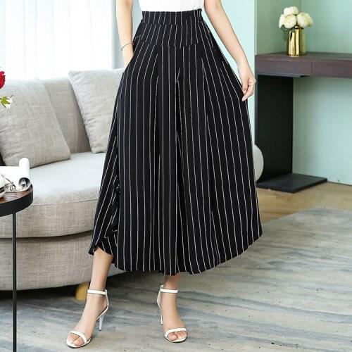 Summer Striped Wide Leg Pants Women Plus Size Casual Plaid Pants Women Trousers Women High Waist Vintage Printed Flare Pants