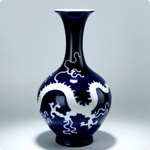 Jingdezhen Ceramic Vase Blue Glaze Carving White Dragon Pattern Vase Household Living Room Decoration Chinese Ancient Ornaments